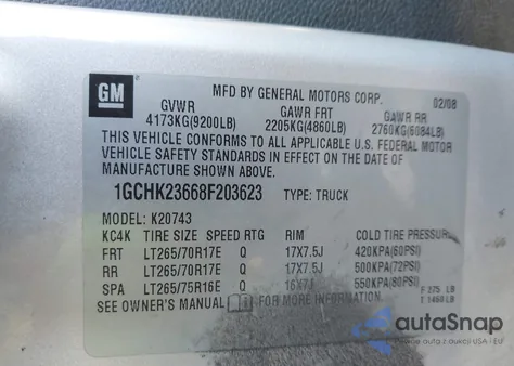 2008 Chevrolet Silverado 2500Hd Ltz из США, поврежденный, VIN 1GCHK23668F203623